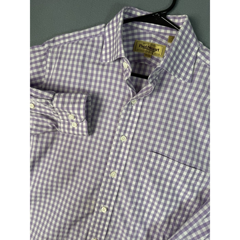 Paul Stuart Mens Purple Gingham Long Sleeve Button Up Shirt 15.5 32 Cotton